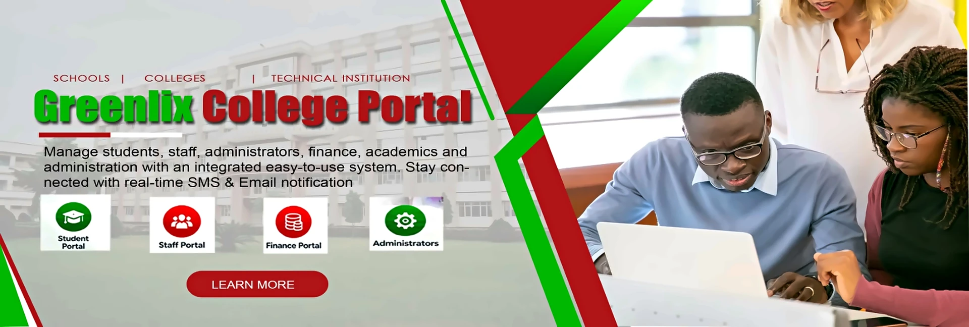 Greenlix College Portal for schools, colleges and technical institutions with student, staff, finance and admin portals