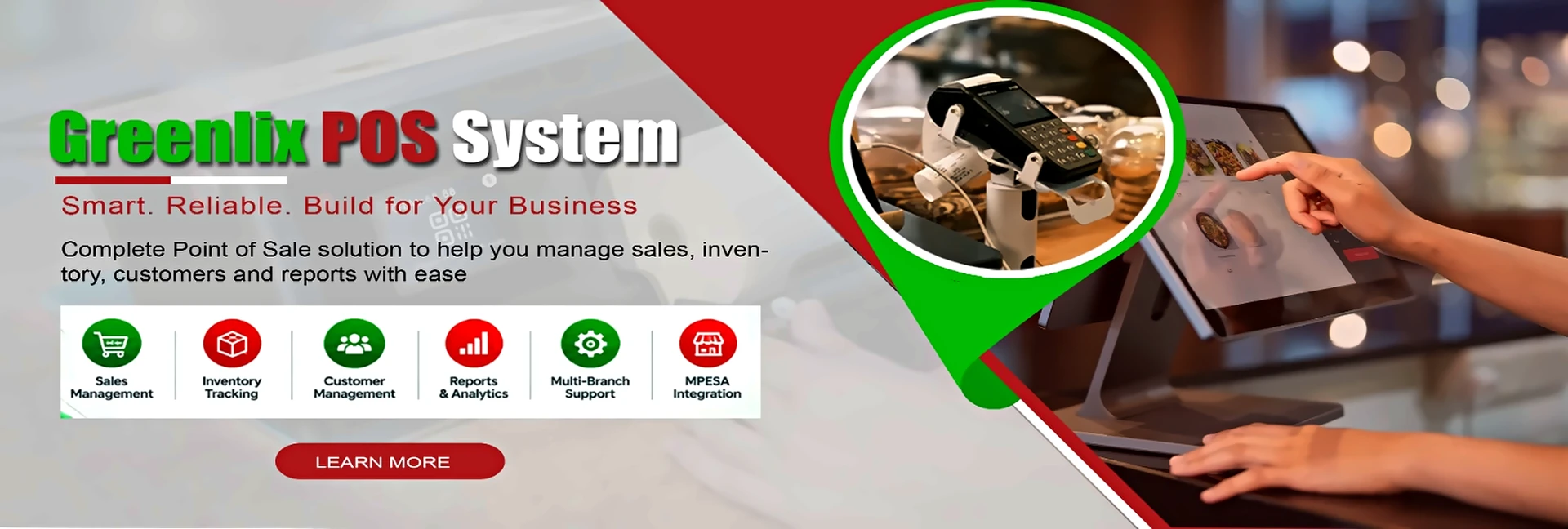 Greenlix POS system with sales, inventory, customer management, reports, multi-branch support and M-Pesa integration